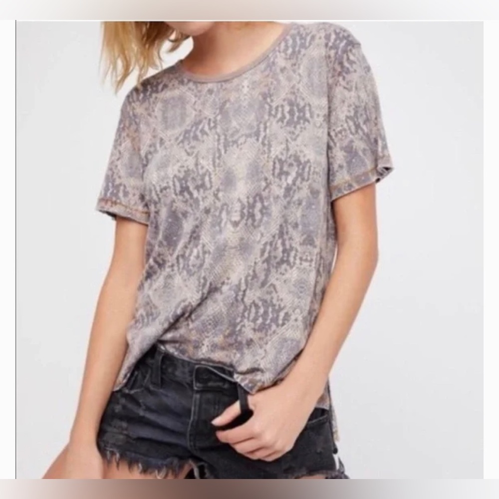 Free People Snake Skin Print Brown Short Sleeve Tee
